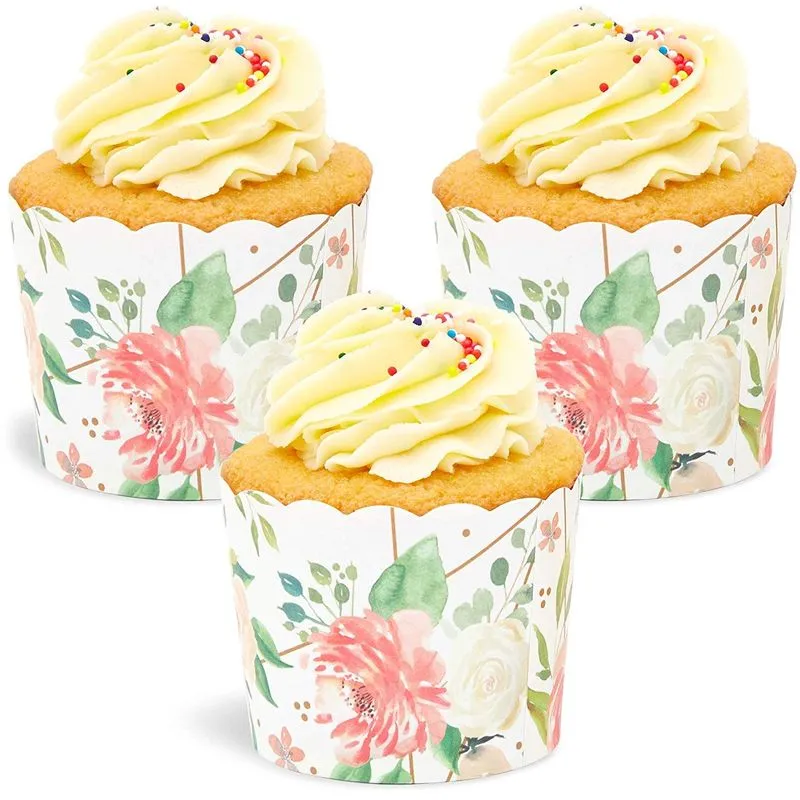 50-Pack Muffin Liners - Floral Watercolor Cupcake Wrappers Paper Baking Cups