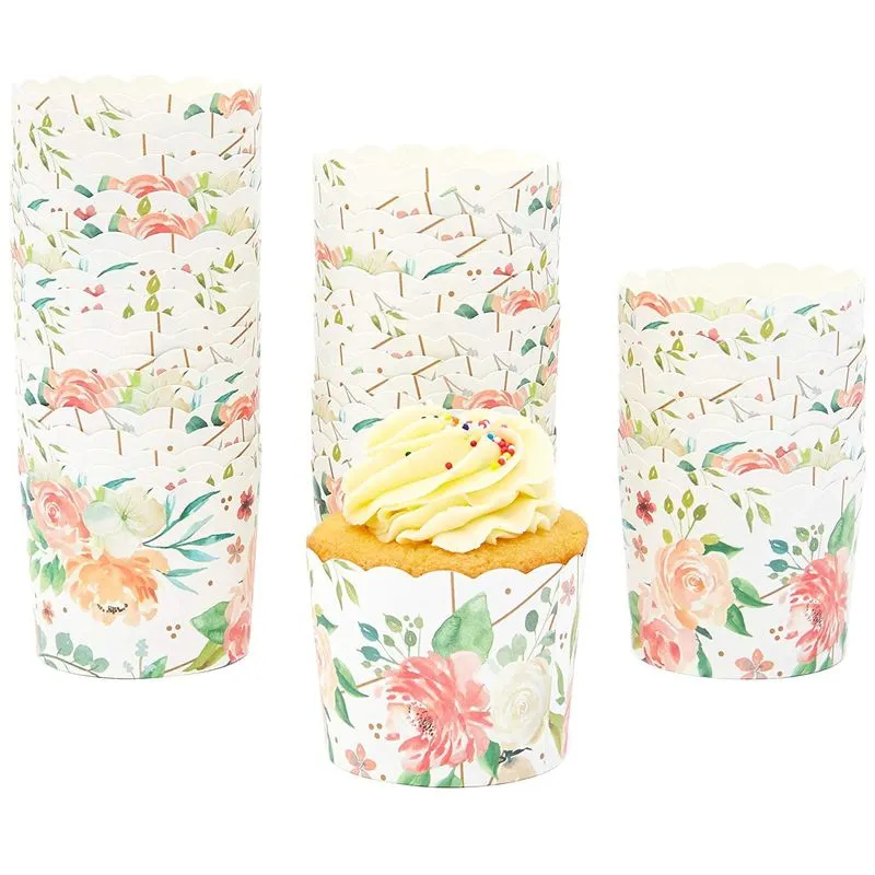 50-Pack Muffin Liners - Floral Watercolor Cupcake Wrappers Paper Baking Cups