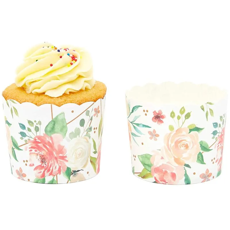 50-Pack Muffin Liners - Floral Watercolor Cupcake Wrappers Paper Baking Cups