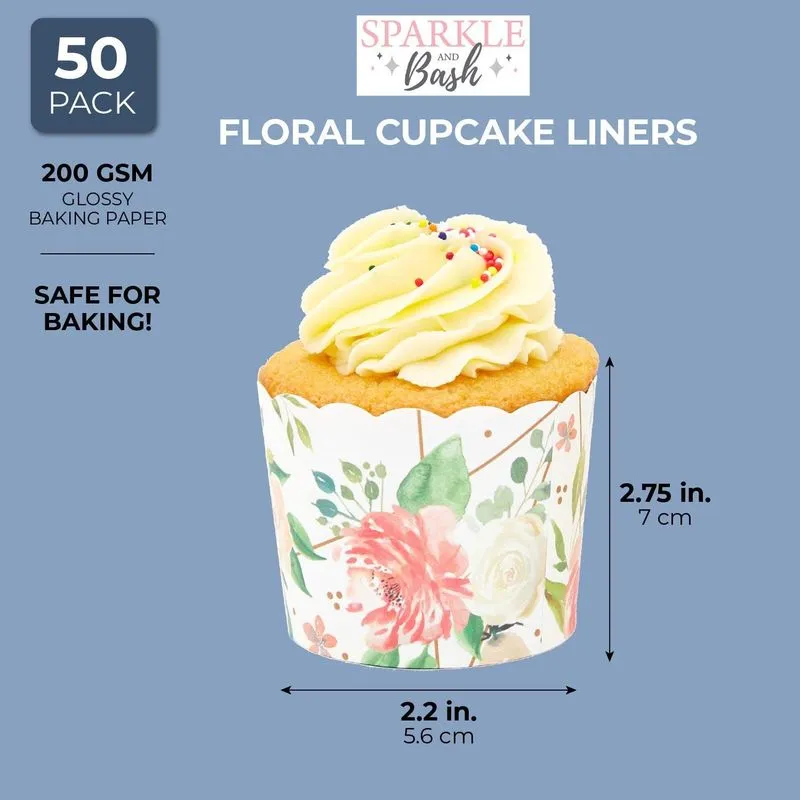 50-Pack Muffin Liners - Floral Watercolor Cupcake Wrappers Paper Baking Cups