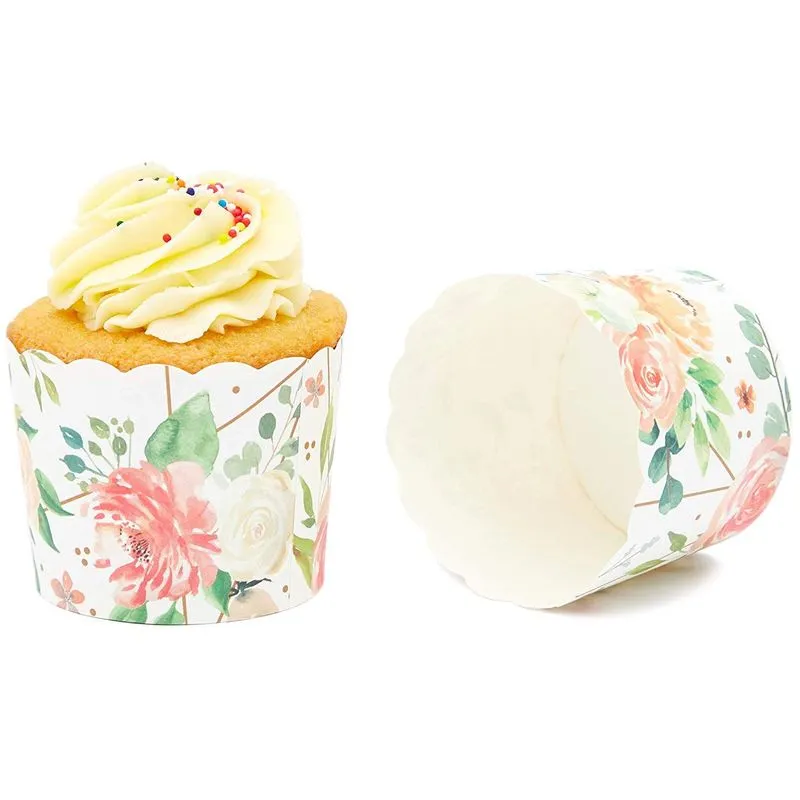 50-Pack Muffin Liners - Floral Watercolor Cupcake Wrappers Paper Baking Cups