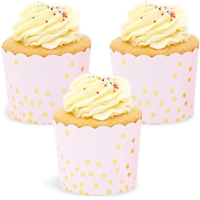 50-Pack Muffin Liners - Pink and Gold Foil Polka Dots Cupcake Wrappers Paper Baking Cups