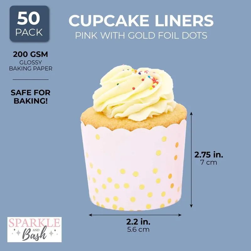 50-Pack Muffin Liners - Pink and Gold Foil Polka Dots Cupcake Wrappers Paper Baking Cups