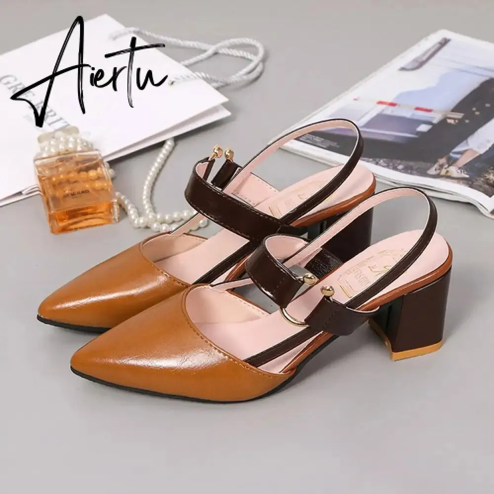 Aiertu Sandals Women's Summer New Pointy Chunky Sandals Large Size Women's Fashion Woman Shoes