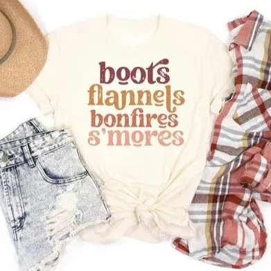 Boots Flannels Bonfires Smores Cream Tee