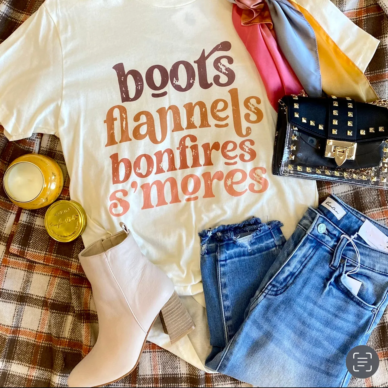 Boots Flannels Bonfires Smores Cream Tee