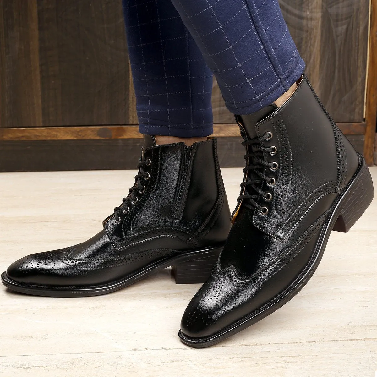 Bxxy's Height Increasing Men's Semi-Formal Cow Boy Ankle Zipper Lace-Up Brogue Boots