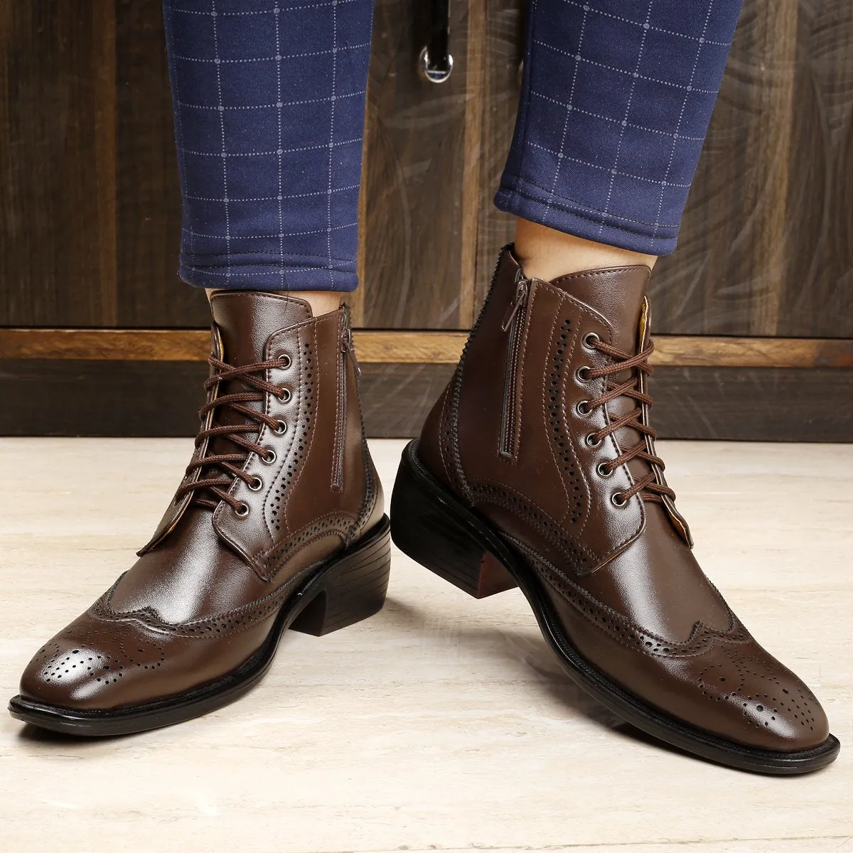 Bxxy's Height Increasing Men's Semi-Formal Cow Boy Ankle Zipper Lace-Up Brogue Boots