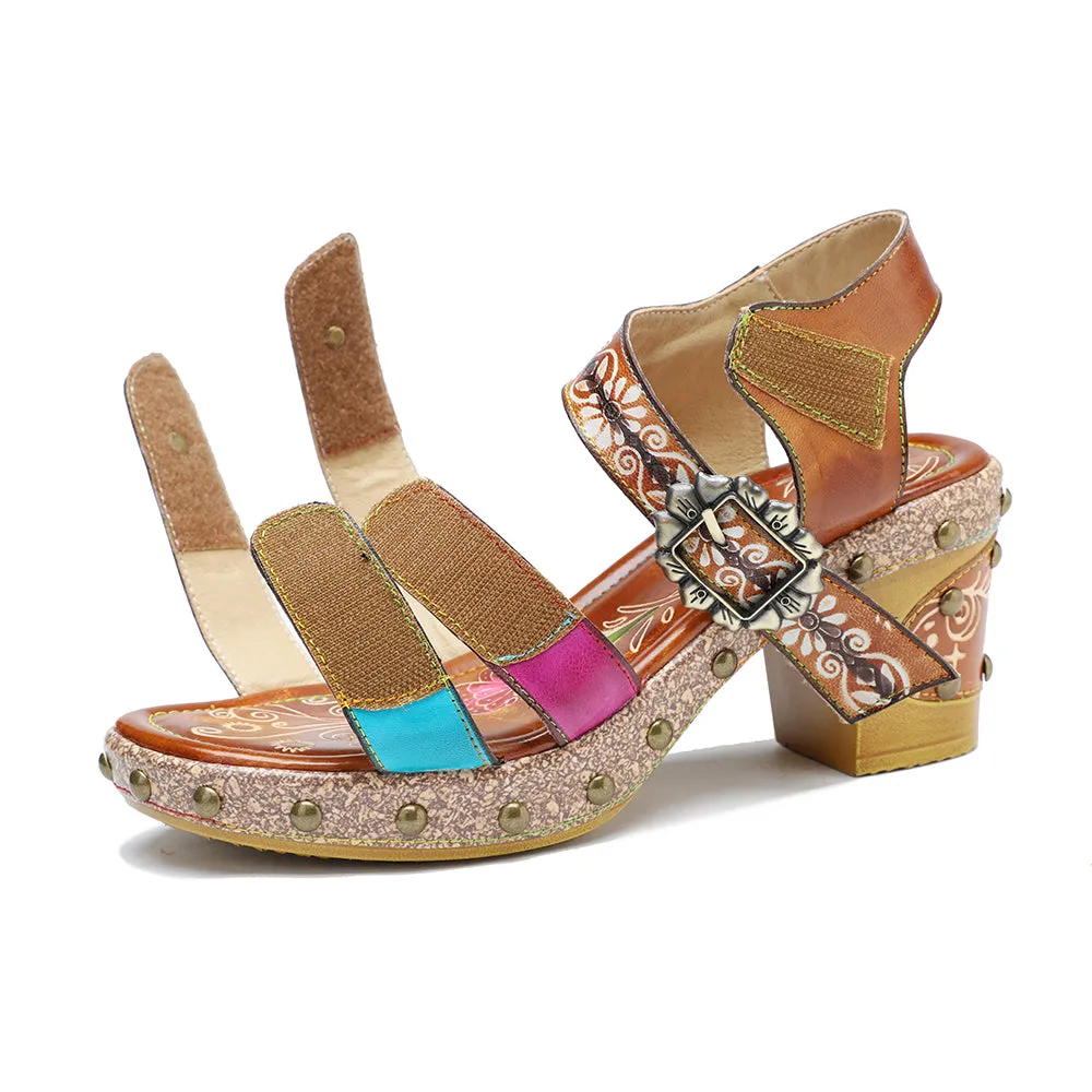 CrazycatZ Leather Block Heel Roman Sandals,Women Leather Bohemian Colorful Sandal 1008