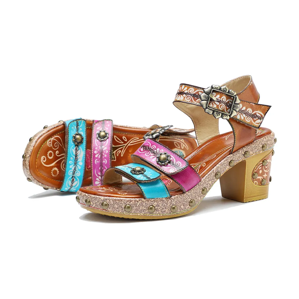 CrazycatZ Leather Block Heel Roman Sandals,Women Leather Bohemian Colorful Sandal 1008