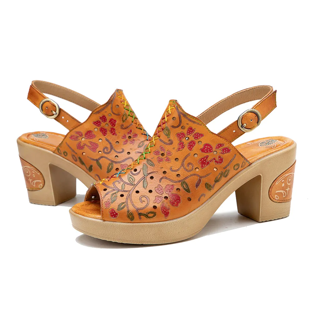 CrazycatZ Leather Block Heel Roman Sandals,Women Leather Bohemian Colorful Sandal Orange