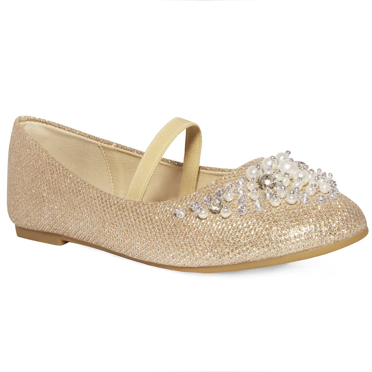 DAHLIA KIDS PEARL & DIAMANTE EMBELLISHED FLATFORM SHOES IN GOLD