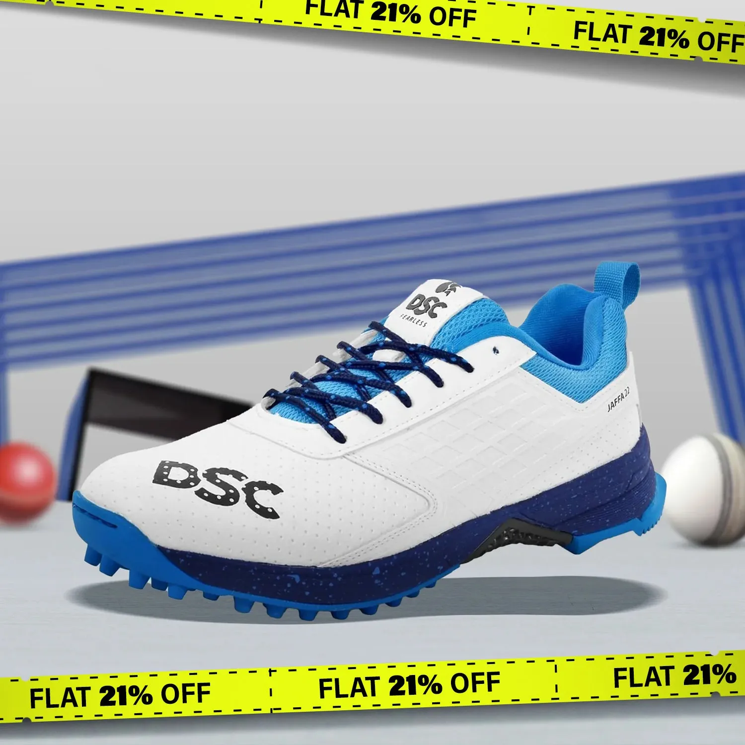 DSC Jaffa 22 Cricket Spike Shoes (White / Blue) - DOD