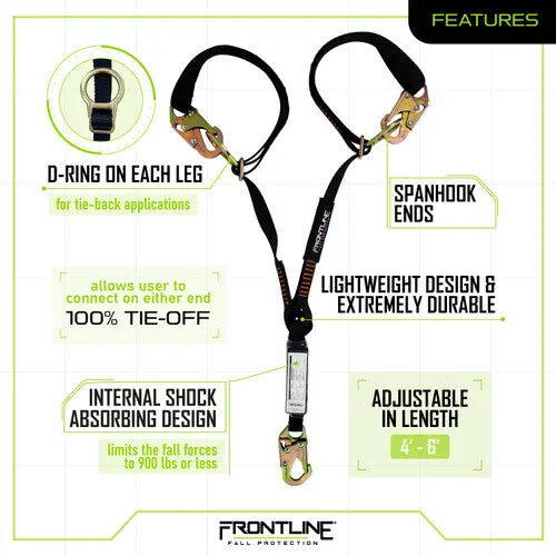 Frontline LPO62SADJ Combat 6' Tie-Back Double Leg Shock Absorbing Lanyard with Snaphooks