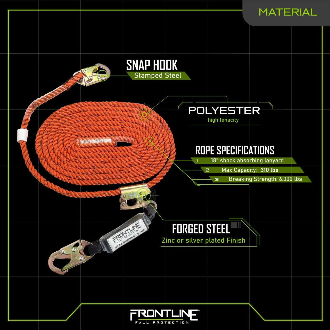 Frontline VLPR3L Premium Vertical Lifeline with Openable Rope Grab and Shock Pack 100'