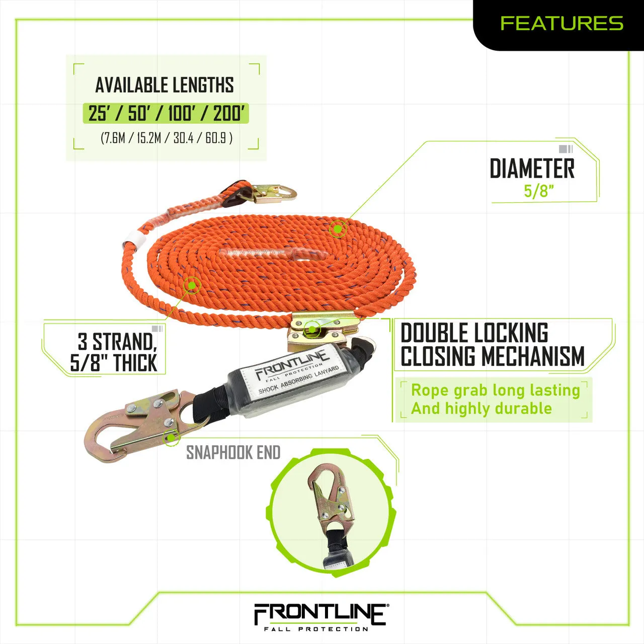 Frontline VLPR3L Premium Vertical Lifeline with Openable Rope Grab and Shock Pack 200'