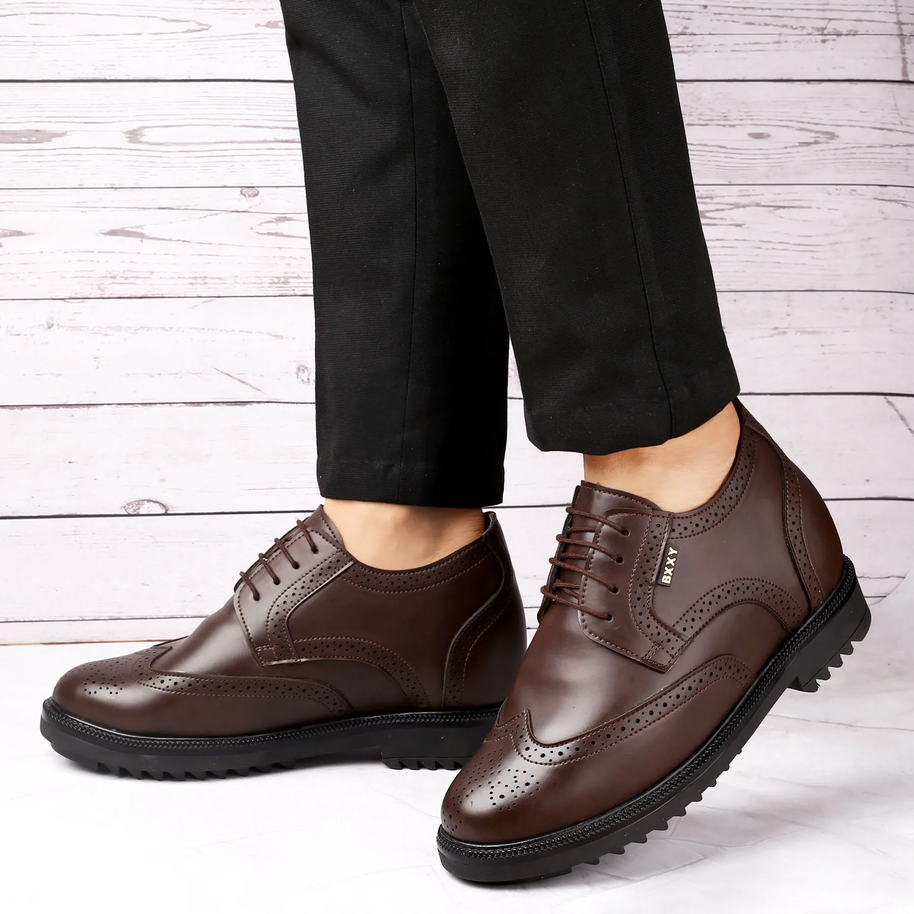 Men's 3.5 inch Hidden Height Increasing Faux Leather Brogue Lace-up Shoes