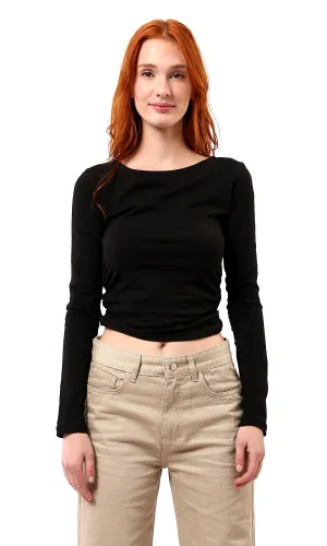 O187839 Boat Neck Long Sleeves Black Basic Top