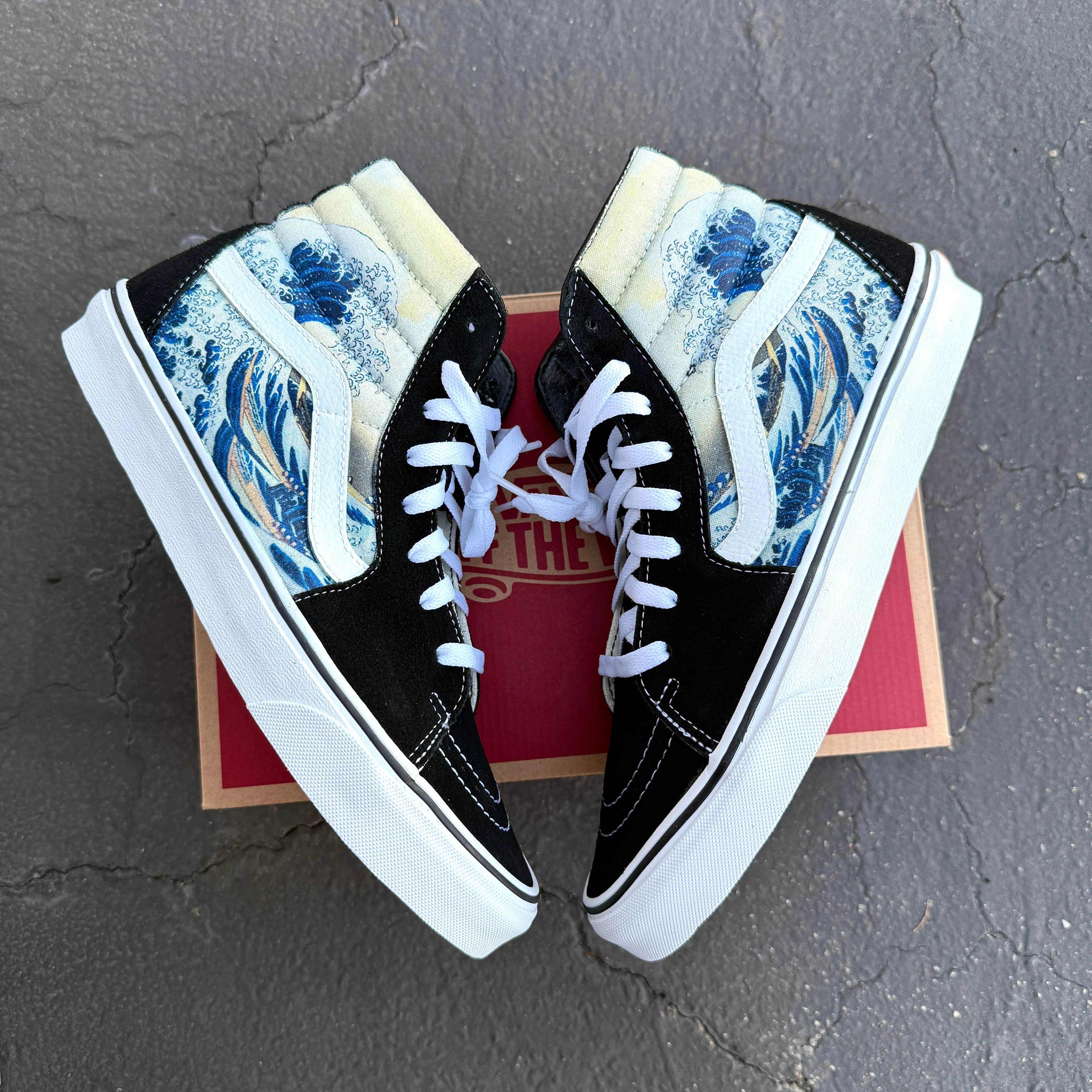 The Great Wave on  Black Vans Sk8-Hi Shoes
