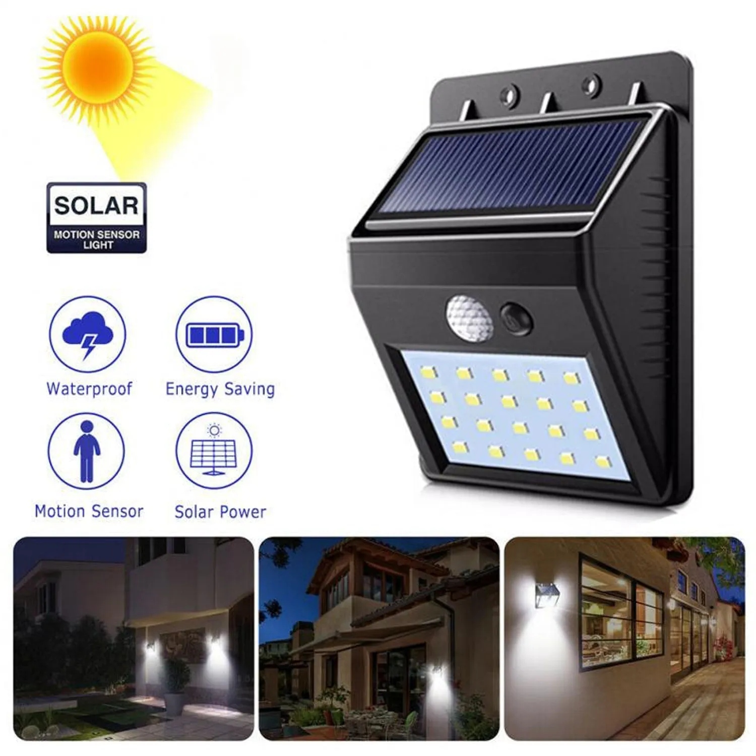 White Solar Wireless Security Motion Sensor LED Night Light for Home Outdoor / Garden Wall.