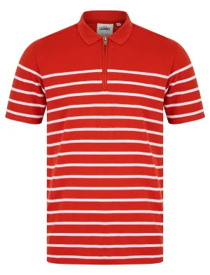 Wick Yarn Dyed Stripe Cotton Pique Zip Fasten Polo Shirt in Ketchup - Tokyo Laundry