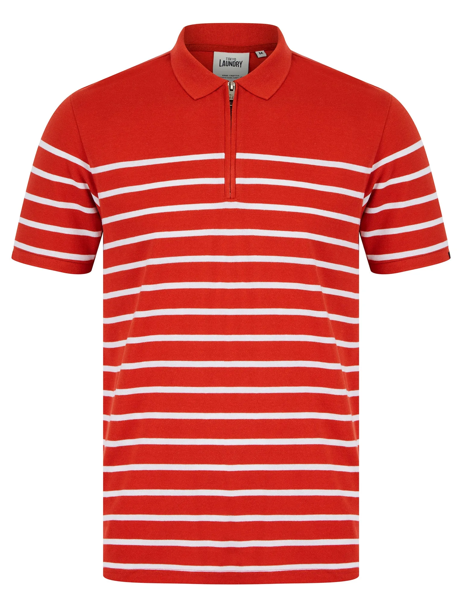 Wick Yarn Dyed Stripe Cotton Pique Zip Fasten Polo Shirt in Ketchup - Tokyo Laundry